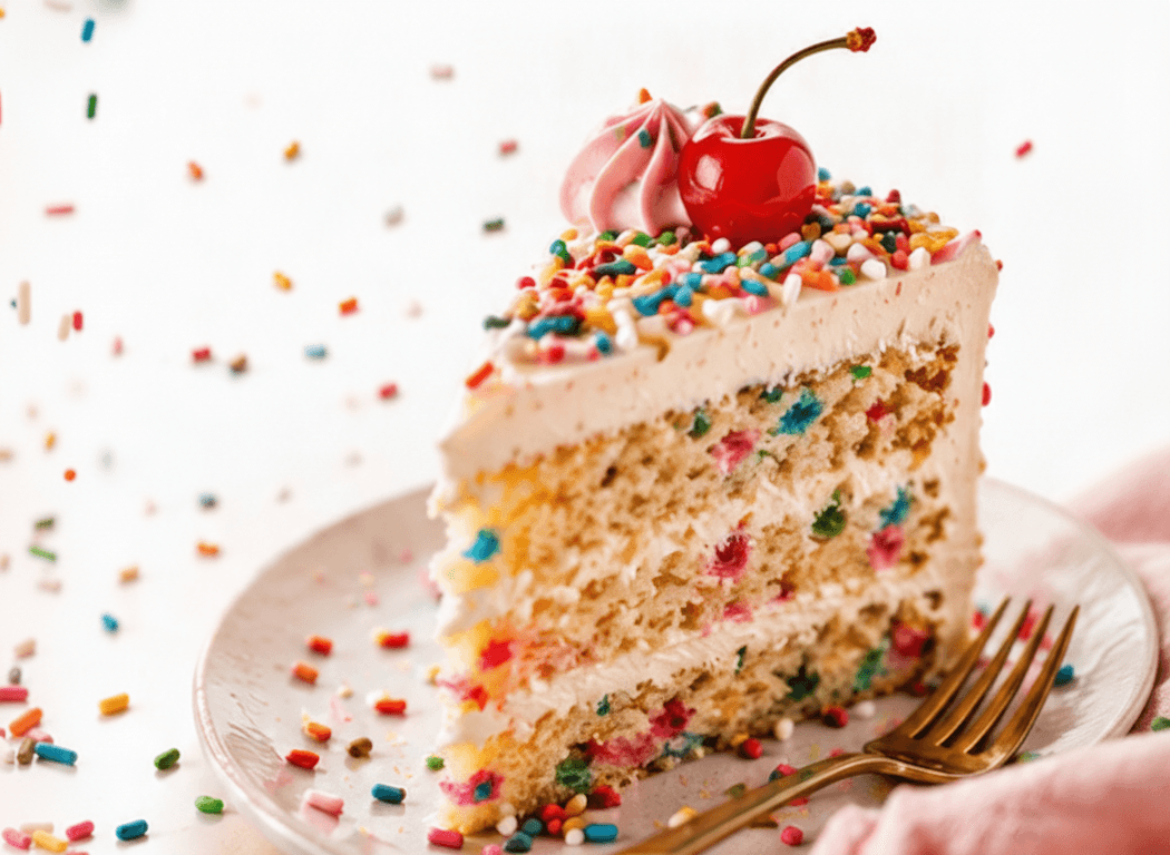 A slice of funfetti cake with sprinkles and a cherry on top