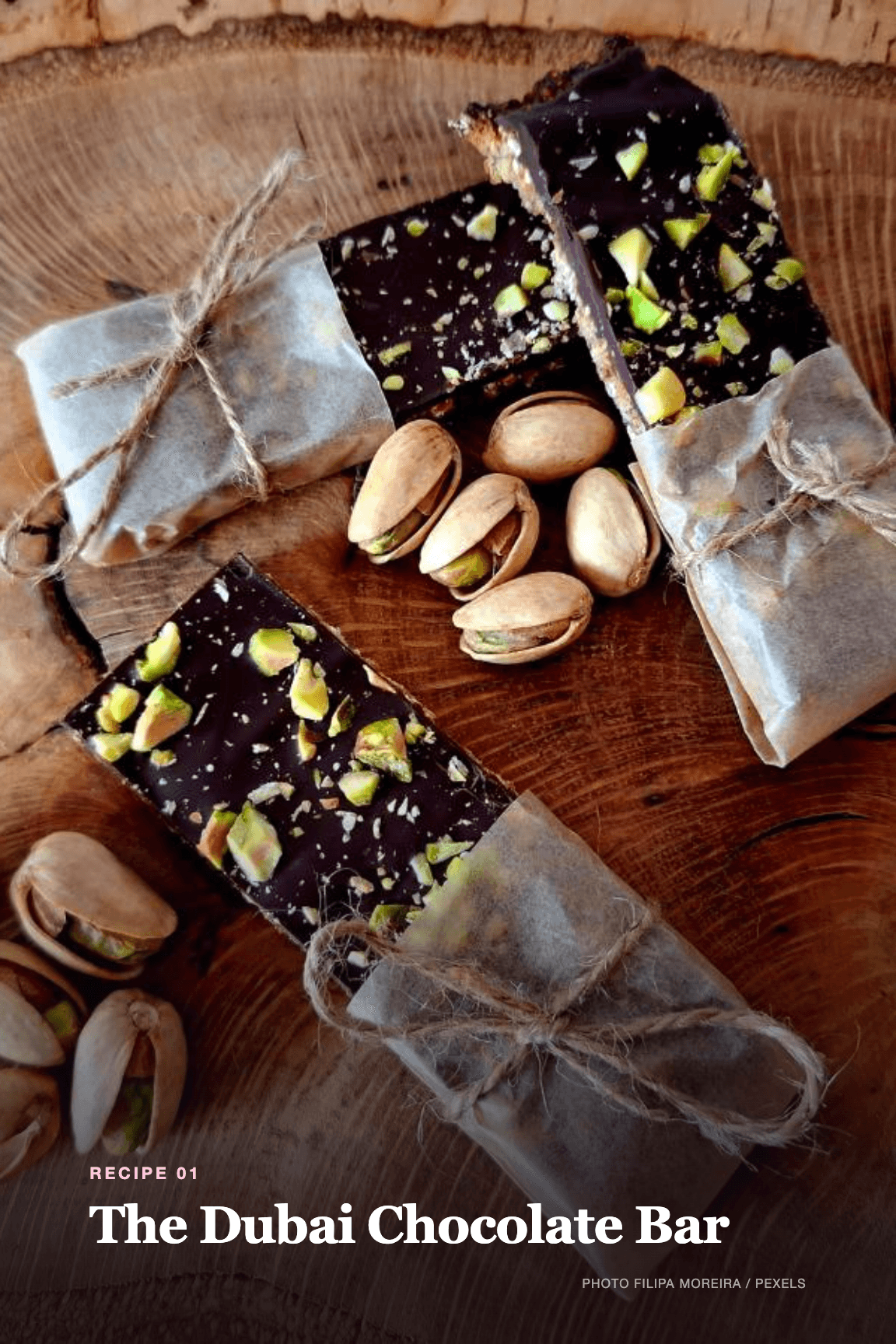 A full page photograph facing the Dubai Chocolate Bar recipe
